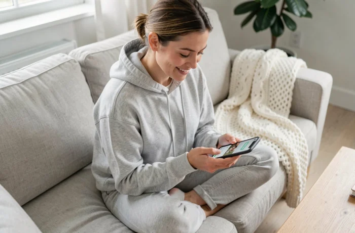Jeune femme consultant et gérant son compte Famileo sur smartphone dans son salon
