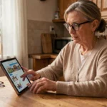 Femme senior gérant son abonnement Famileo sur une tablette dans sa cuisine