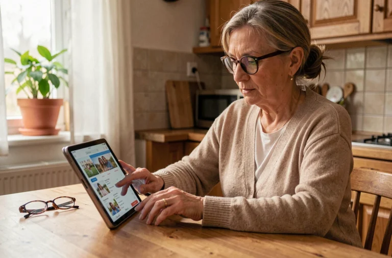 Femme senior gérant son abonnement Famileo sur une tablette dans sa cuisine