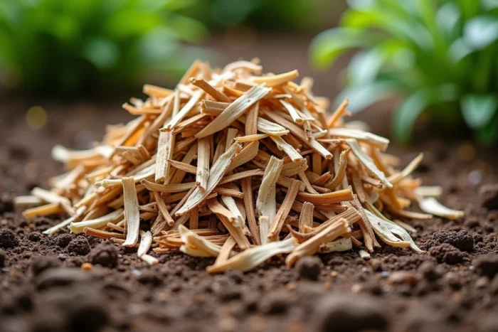 Gros plan sur un tas de paillage fraîchement broyé composé de copeaux de bois et de feuilles déchiquetées sur un sol de jardin