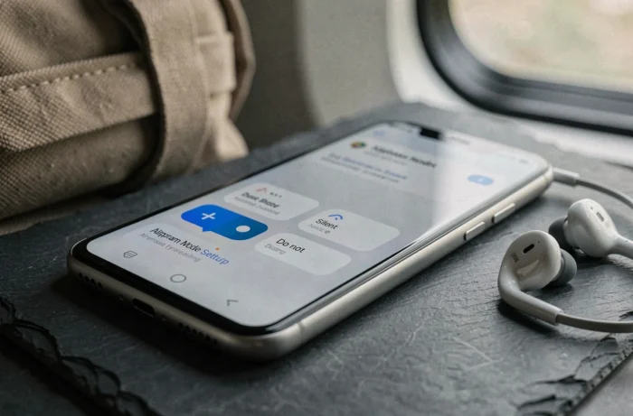 Gros plan sur un smartphone Android affichant les options mode avion, silencieux et ne pas déranger posé sur une surface en ardoise