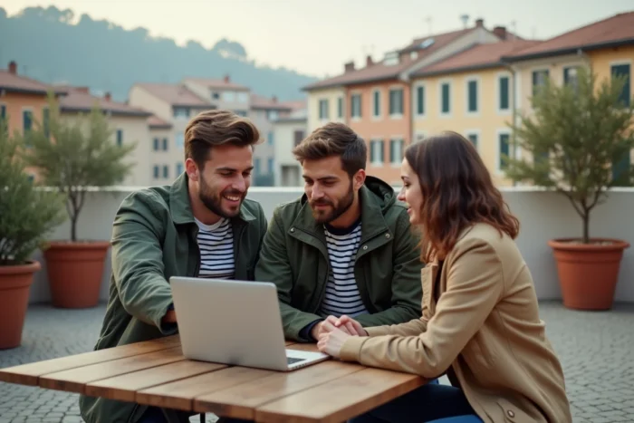 Groupe de jeunes professionnels discutant des actualités et tendances de la semaine en terrasse