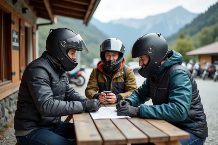 Groupe de motards consultant une carte et un smartphone lors d'une pause café en montagne