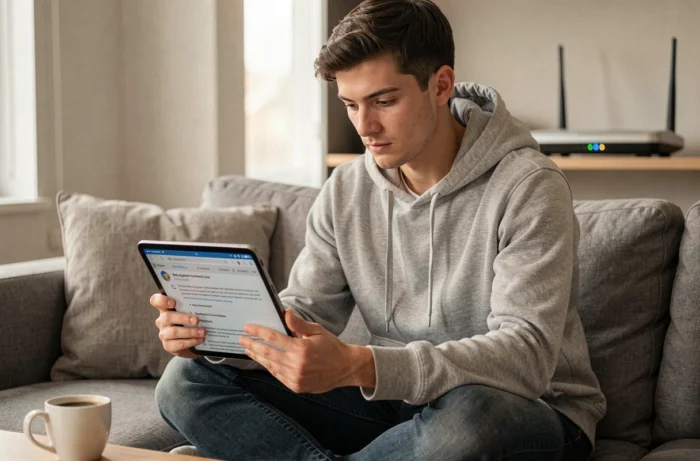Jeune homme consultant un guide de dépannage de connexion sur une application web depuis sa tablette dans son salon