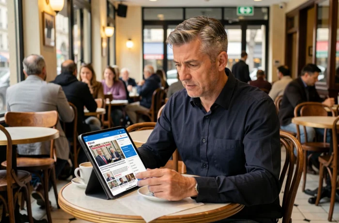 Homme lisant des actualités politiques sur une tablette dans un café urbain français