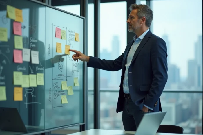 Homme d'affaires présentant les étapes de développement d'un business sur un tableau blanc dans un bureau moderne