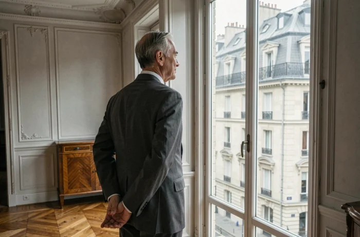 Homme élégant regardant par une fenêtre dans un appartement parisien haussmannien, evoquant la réflexion et le choix du silence
