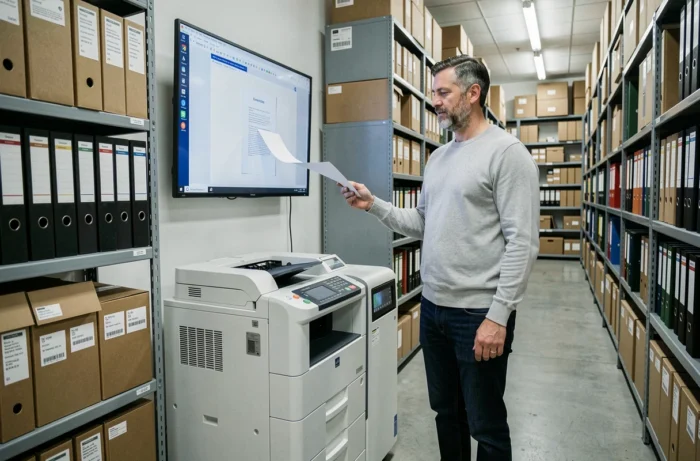 Homme debout dans une salle d'archivage professionnelle utilisant un scanner haute vitesse et consultant des documents numérisés sur écran