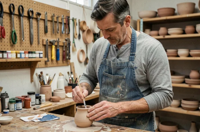 Homme peignant de la céramique dans un atelier de loisirs créatifs artisanaux