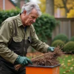 Homme utilisant un broyeur de végétaux électrique dans un jardin résidentiel en automne pour préparer du paillage