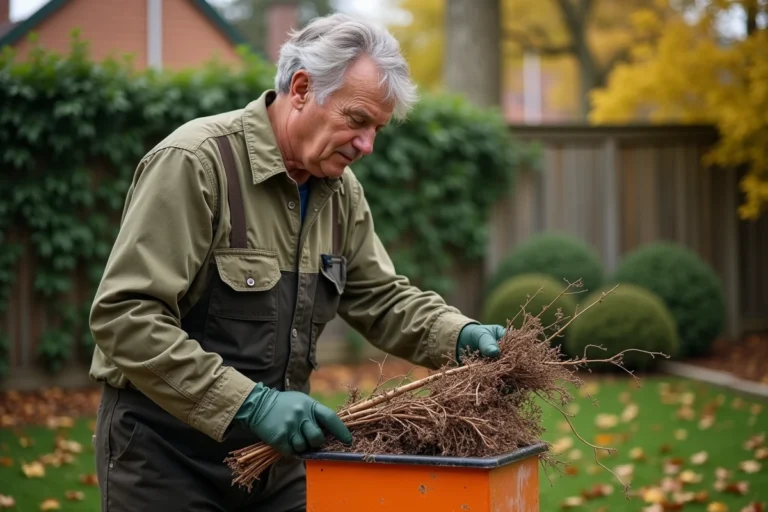 Homme utilisant un broyeur de végétaux électrique dans un jardin résidentiel en automne pour préparer du paillage