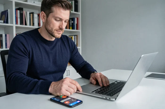 Homme au bureau activant le mode silencieux ou ne pas déranger sur un téléphone Android posé sur un bureau