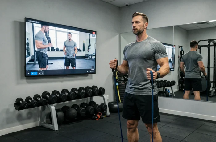 Homme suivant un programme de coaching sportif en ligne dans une salle de sport à domicile équipée