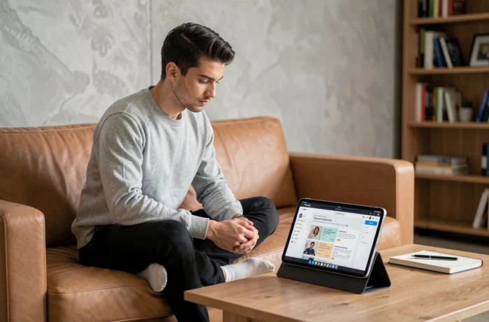 Jeune homme suivant une formation en ligne sur iPad Pro obtenu via le CPF dans un salon moderne