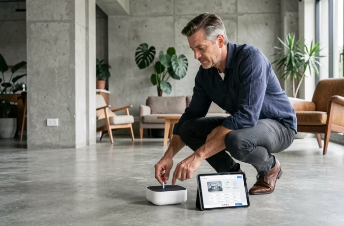 Homme installant un hub domotique connecté dans un salon design moderne