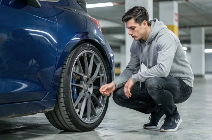 Homme inspectant des jantes aftermarket sur une voiture abaissée dans un parking urbain