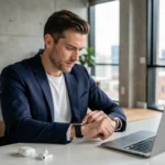 Homme moderne en blazer marine examinant une smartwatch dans un bureau minimaliste avec laptop et écouteurs sans fil