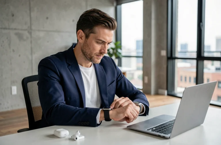 Homme moderne en blazer marine examinant une smartwatch dans un bureau minimaliste avec laptop et écouteurs sans fil