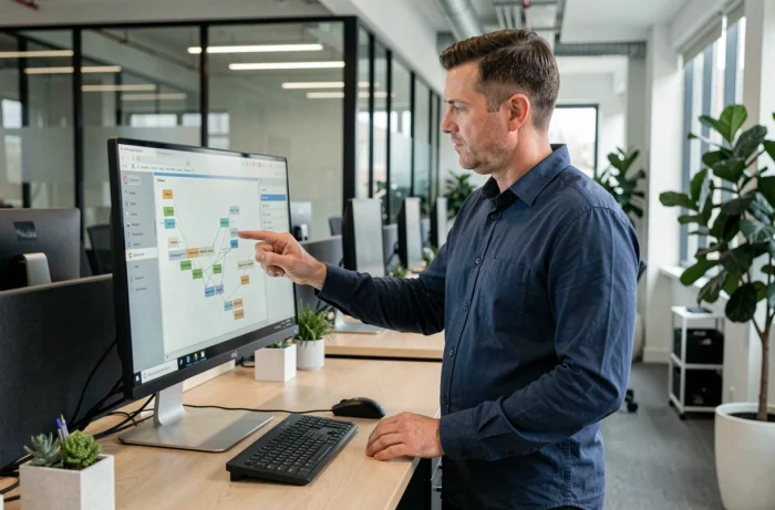 Homme utilisant le plan de site d'un site d'actualités sur un grand écran dans un bureau professionnel