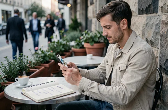 Homme consultant un site de location de vacances sur smartphone en terrasse de café