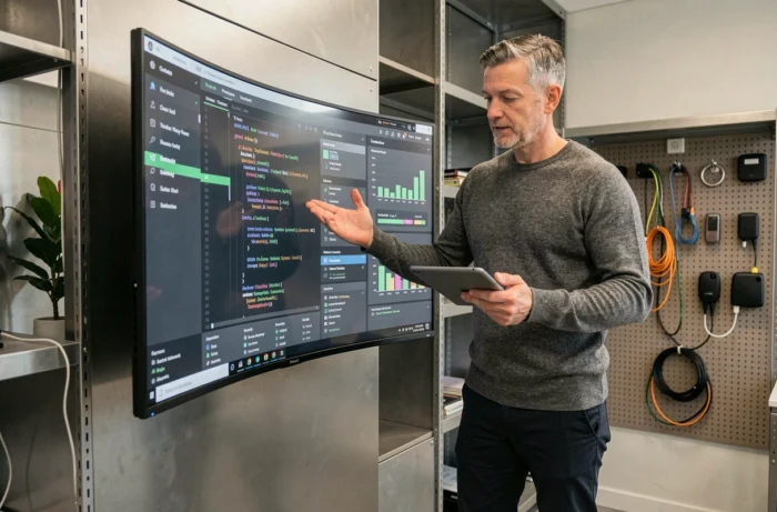 Homme technophile en pull gris interagissant avec un grand écran incurvé affichant des tableaux de bord de données dans un studio tech moderne