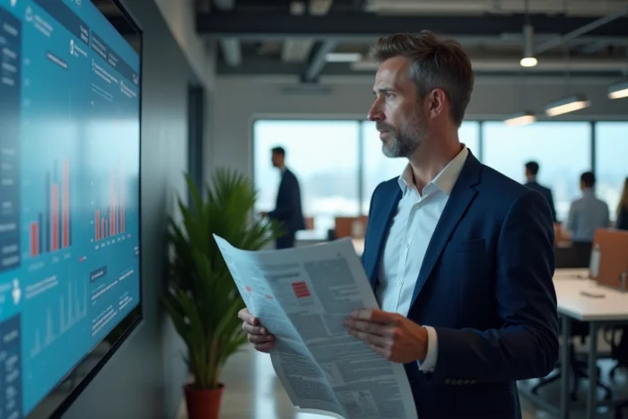 Homme consultant les tendances de la semaine dans un bureau moderne et connecté