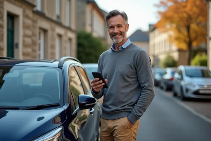 Homme debout près de sa voiture bleue consultant son application d'assurance MAE sur smartphone