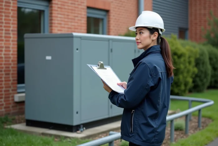 Ingénieure en sécurité consultant un dossier technique devant un groupe électrogène de secours installé en extérieur d'un bâtiment commercial