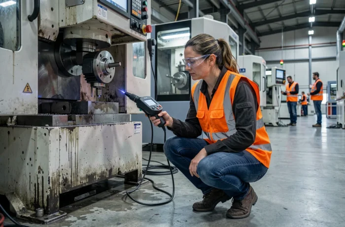 Ingénieure effectuant une inspection prédictive sur une machine CNC en pleine production dans une usine moderne