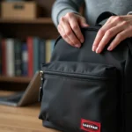 Gros plan de mains inspectant les coutures et la fermeture éclair d'un sac Eastpak pour détecter une contrefaçon