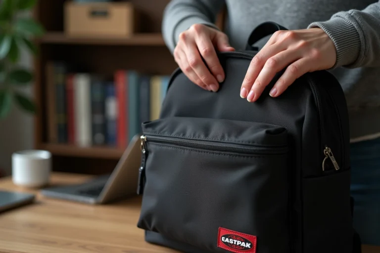 Gros plan de mains inspectant les coutures et la fermeture éclair d'un sac Eastpak pour détecter une contrefaçon