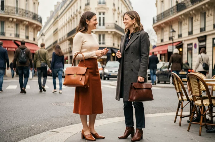 Deux femmes stylées aux looks tendance contrastés discutant dans une rue parisienne animée cette saison
