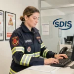 Iris pompier en uniforme SDIS à l'accueil administratif d'un centre de secours