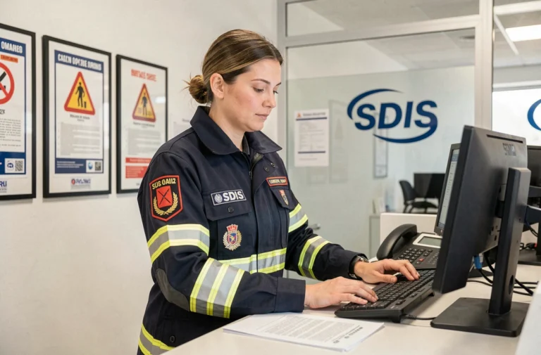 Iris pompier en uniforme SDIS à l'accueil administratif d'un centre de secours