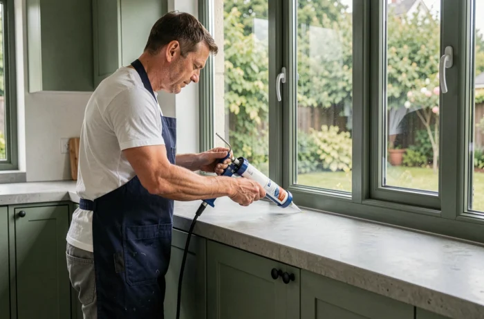 Homme installant des joints d'isolation sur une fenêtre de cuisine moderne avec des meubles vert sauge