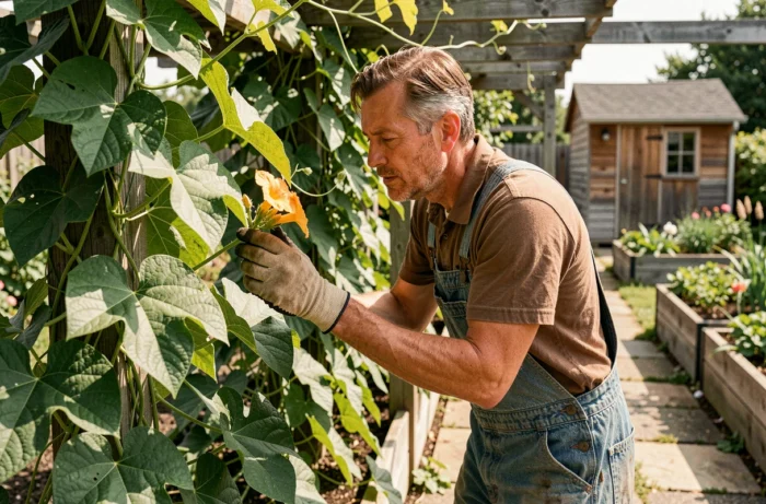 Jardinier inspectant les fleurs de chayotte sur une pergola dans un jardin potager, vérification de la période de floraison en été