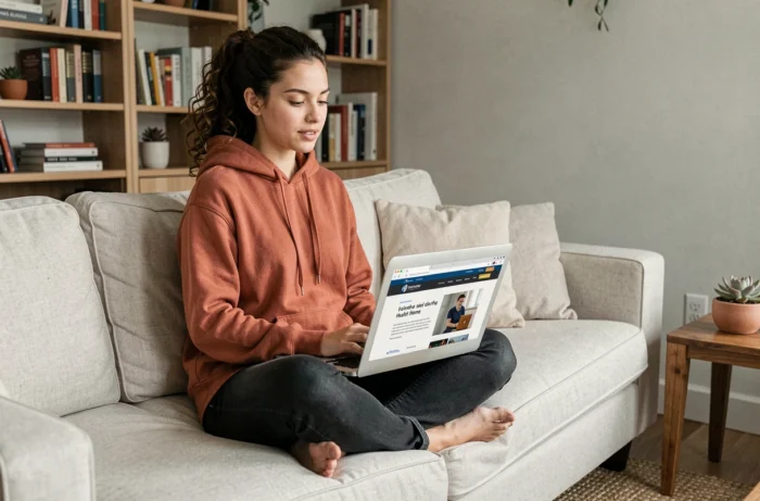 Jeune femme aux cheveux bouclés consultant un site d'actualités santé sur un ordinateur portable, assise confortablement dans son salon moderne