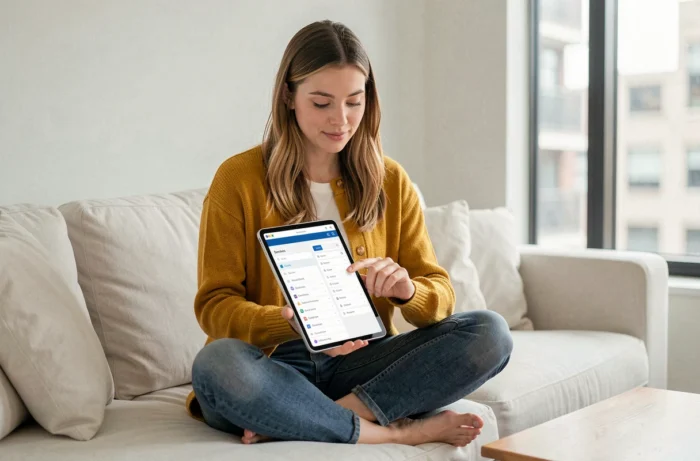 Jeune femme consultant le plan de site d'Infos du Jour sur une tablette dans son salon