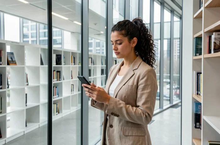 Jeune femme consultant un site d'information publique sur son smartphone dans une bibliothèque moderne