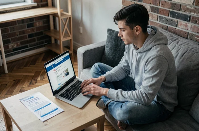 Jeune homme consultant le site CAF sur un ordinateur portable pour télécharger une attestation de loyer