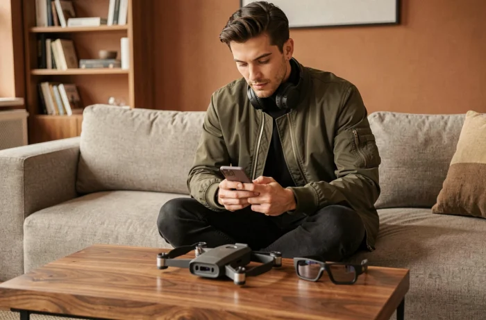 Jeune homme tendance avec smartphone pliable et gadgets high-tech dont drone et lunettes AR sur une table basse en bois dans un salon contemporain