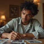 Jeune homme aux origines métissées examinant des photos de famille anciennes sur une table en bois, ambiance nostalgique et intime