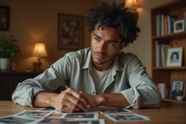 Jeune homme aux origines métissées examinant des photos de famille anciennes sur une table en bois, ambiance nostalgique et intime