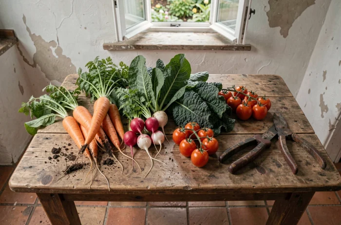 Légumes frais du potager disposés sur une table en bois rustique avec des outils de jardinage
