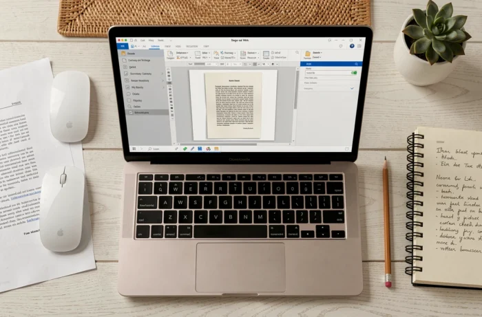 Vue aérienne d'un ordinateur portable affichant un logiciel de numérisation de documents avec reconnaissance de texte OCR sur un bureau épuré