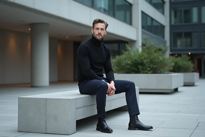 Homme en style beatnik années 60 avec col roulé noir et bottines Chelsea dans une architecture brutaliste urbaine