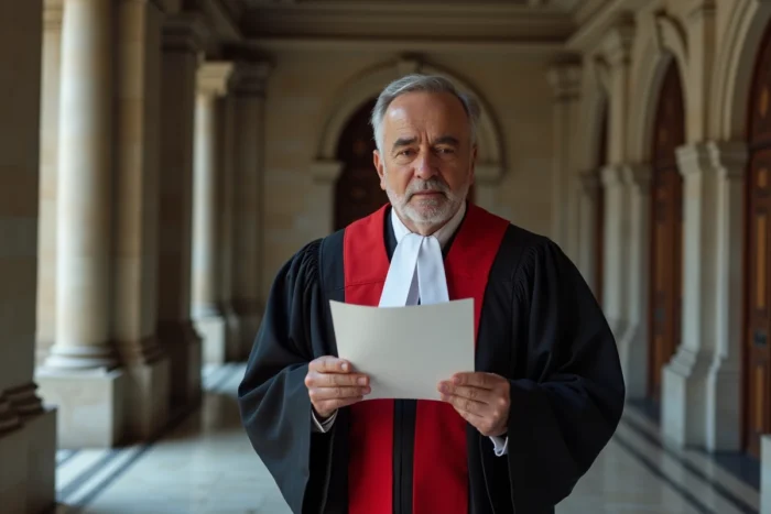 Magistrat en robe officielle consultant un arrêt de jurisprudence dans un couloir de palais de justice