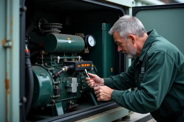 Technicien de maintenance vérifiant les instruments d'un générateur diesel compact à l'intérieur d'un abri métallique mobile