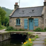Maison éclusière en pierre de granit bretonne au bord d'un canal avec écluse traditionnelle et végétation naturelle