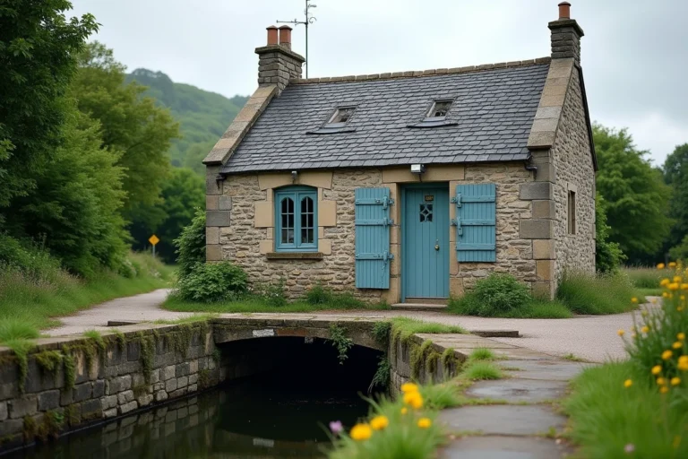 Maison éclusière en pierre de granit bretonne au bord d'un canal avec écluse traditionnelle et végétation naturelle